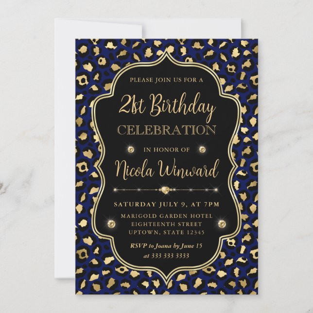 Invitation Fête d'anniversaire imprimé léopard or et bleu (Devant)
