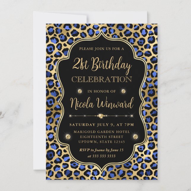 Invitation Fête d'anniversaire imprimé léopard or et bleu (Devant)