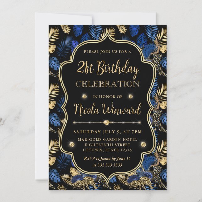 Invitation Fête d'anniversaire imprimé léopard or et bleu (Devant)