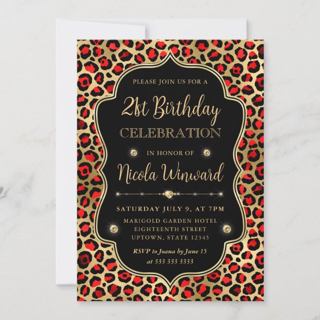 Invitation Fête d'anniversaire imprimé léopard or et rouge (Devant)