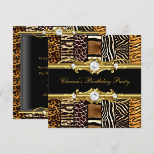 Invitation Fête d'anniversaire Imprimés Animaux Mixtes Or Noi