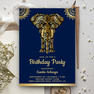 Invitation Fête d'anniversaire indien éléphant or bleu
