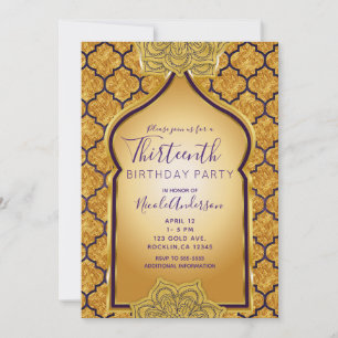 Invitation Fête d'anniversaire indienne arabe dorée violette 