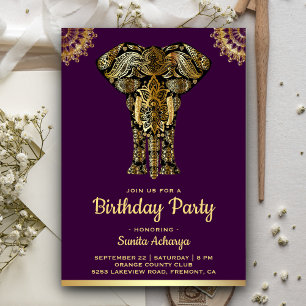 Invitation Fête d'anniversaire indienne éléphant or pourpre