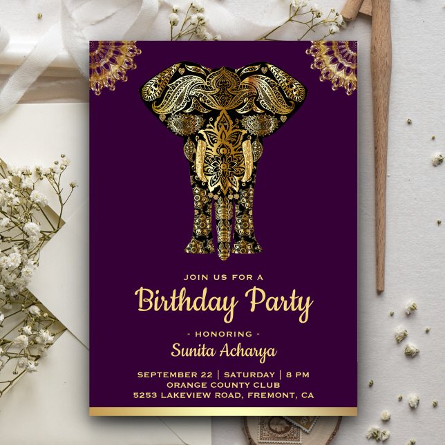 Invitation Fête d'anniversaire indienne éléphant or pourpre (Créateur téléchargé)