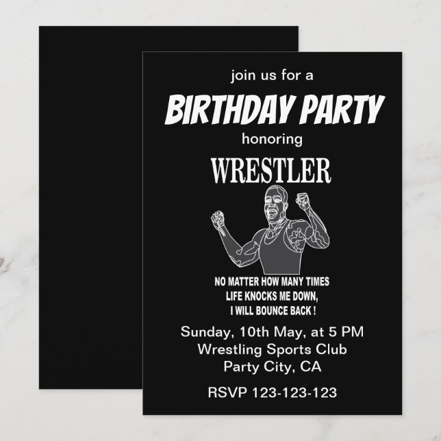 Invitation Fête d'anniversaire inspirante de lutteur de lutte (Devant / Derrière)