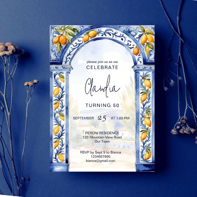 Invitation Fête d'anniversaire italienne en tuiles bleues (Italian Blue tiles arch lemons birthday party editable template Invitation digital download)