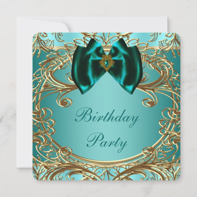 Invitation Fête d'anniversaire Jade Bleu sarcelle et Or (Devant)