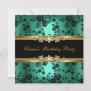 Invitation Fête d'anniversaire Jade Damassé Or Diamant Noir