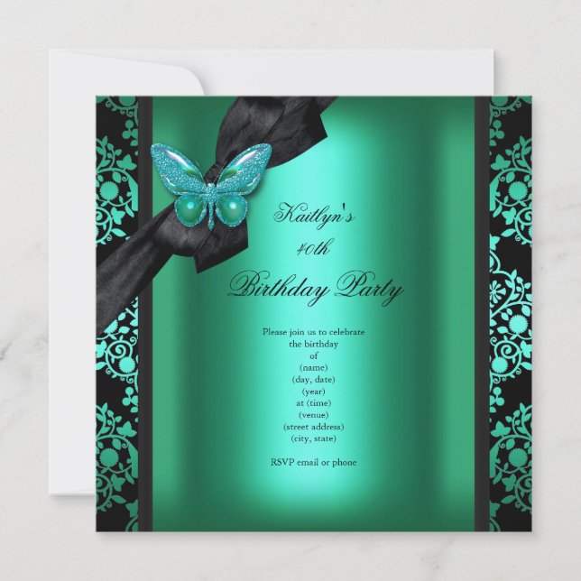 Invitation Fête d'anniversaire Jade Vert Noir Damassé Papillo (Devant)
