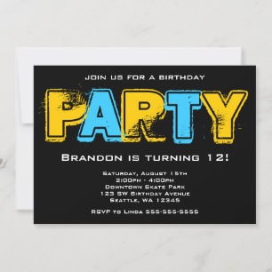 Invitation Fête d'anniversaire Jaune et Bleu Grunge