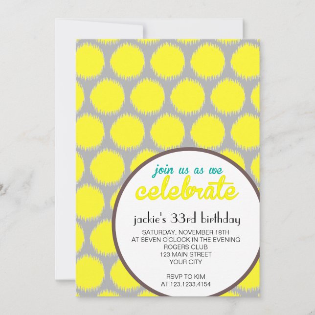 Invitation Fête d'anniversaire jaune grise fabuleuse moderne (Devant)