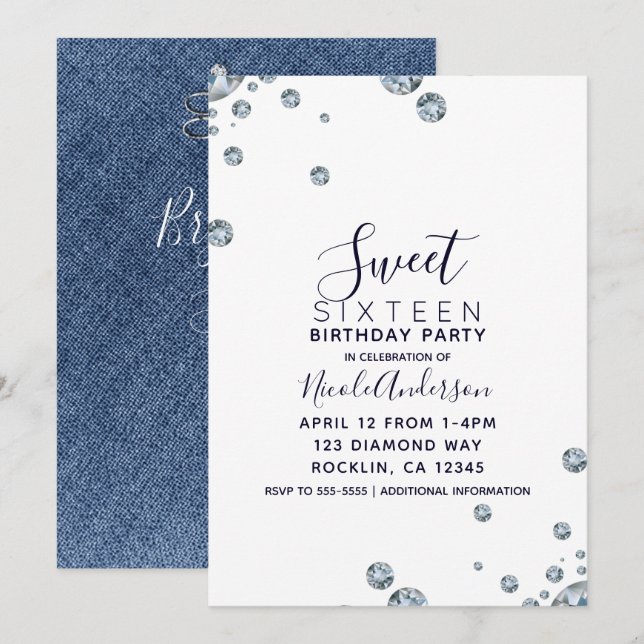 Invitation Fête d'anniversaire Jean Denim & Diamonds 16 ans (Devant / Derrière)