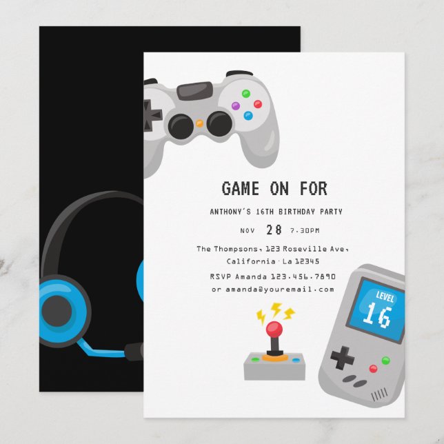 Invitation Fête d'anniversaire jeux vidéo (Devant / Derrière)