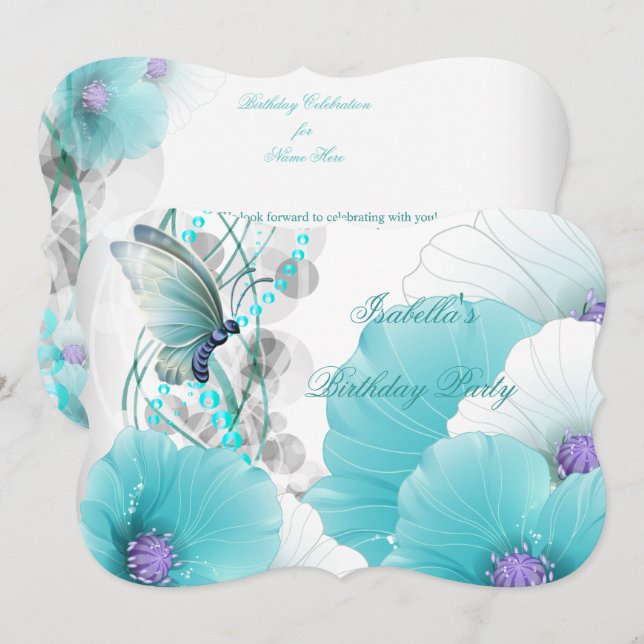 Invitation Fête d'anniversaire joli papillon floral sarcelle  (Devant / Derrière)