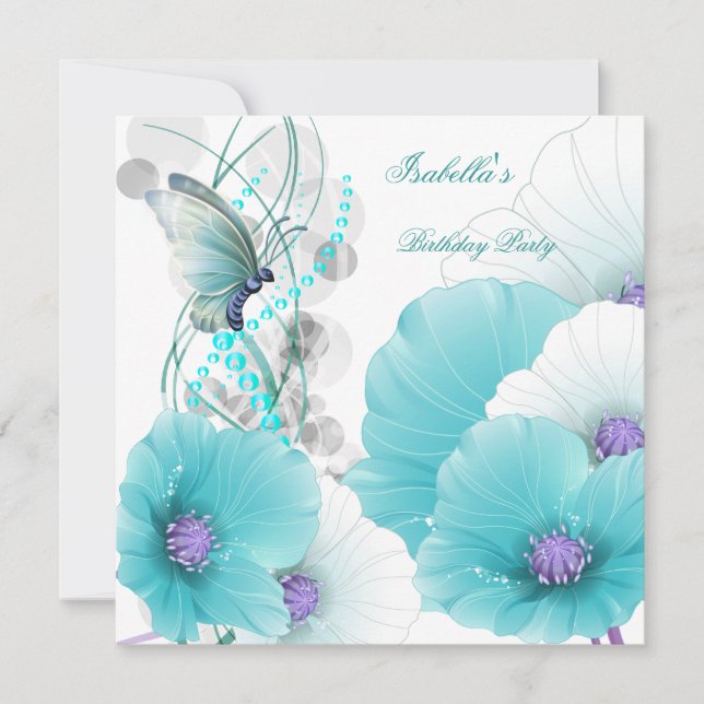 Invitation Fête d'anniversaire Joli papillon floral sarcelle  (Devant)