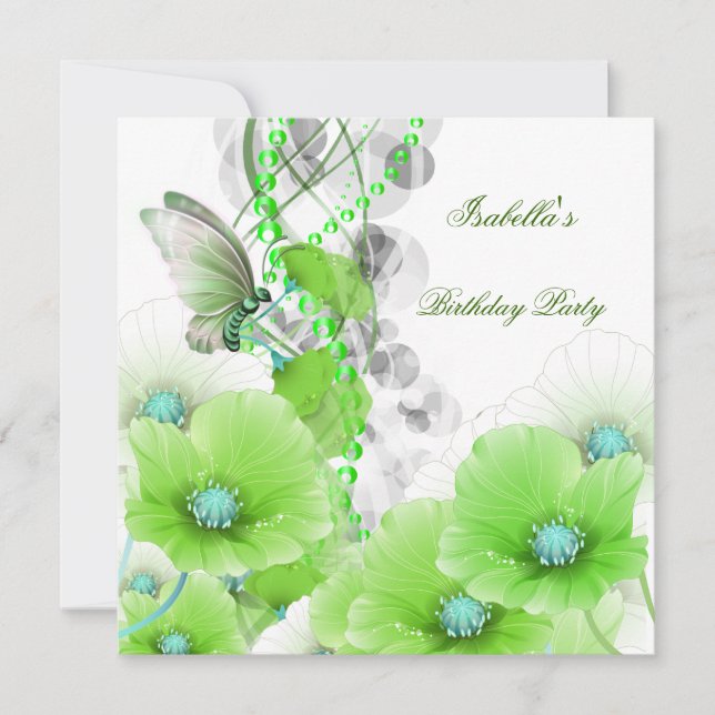 Invitation Fête d'anniversaire Joli Papillon Floral Vert Blan (Devant)