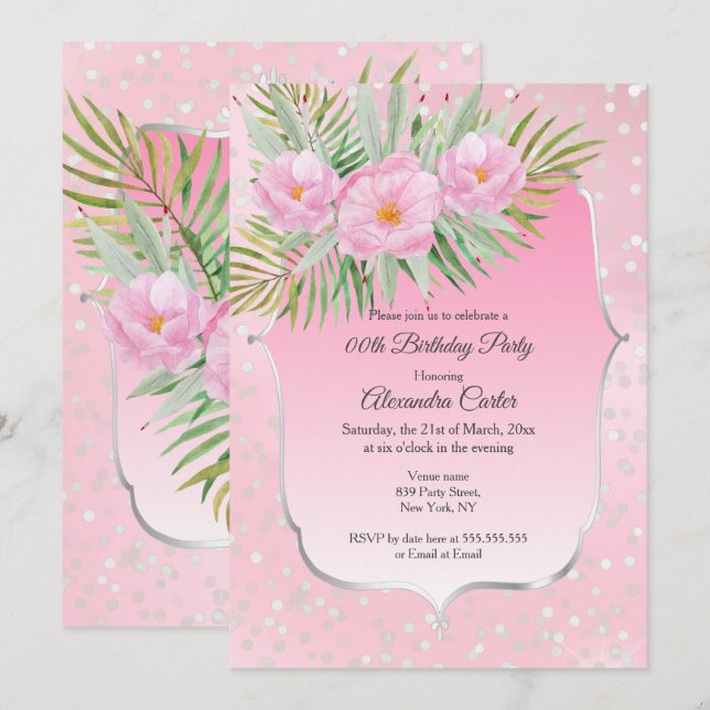 Invitation Fête d'anniversaire jolie fleurs argent rose (Devant / Derrière)