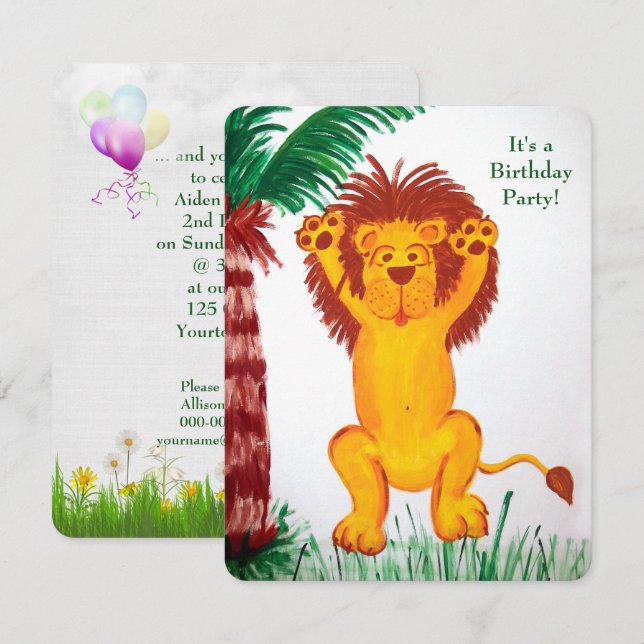 Invitation fête d'anniversaire jungle avec lion heureux (Devant / Derrière)
