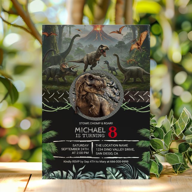 Invitation Fête d'anniversaire jurassique des dinosaures Stom (Prehistoric T-Rex Dinosaur Birthday Party Invitation)