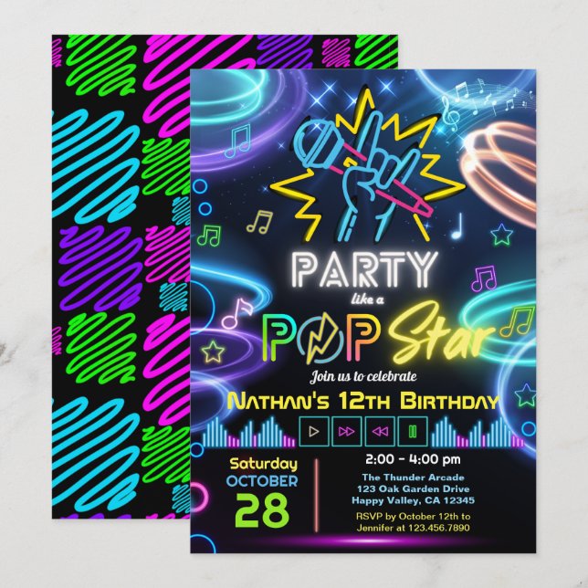 Invitation Fête d'anniversaire Karaoké comme une Pop Star (Devant / Derrière)