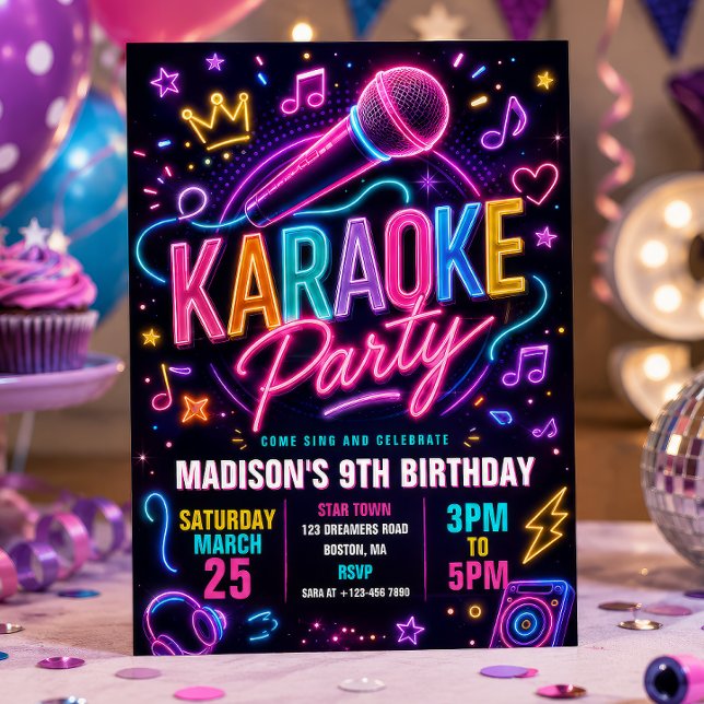 Invitation Fête d'anniversaire Karaoké Neon (Créateur téléchargé)