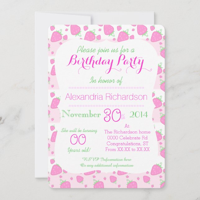 Invitation Fête d'anniversaire Kawaii Panda, mûre fraise rose (Devant)