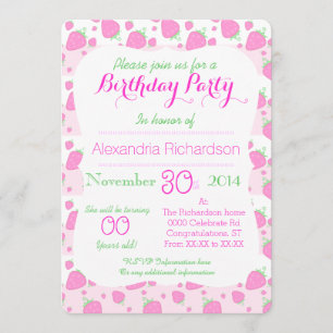 Invitation Fête d'anniversaire Kawaii Panda, mûre fraise rose