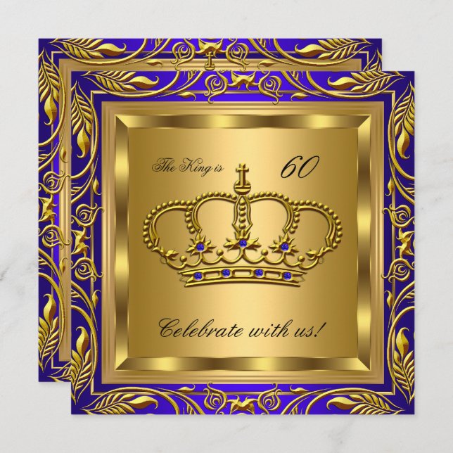 Invitation Fête d'anniversaire King ou Queen Royal Blue Gold (Devant / Derrière)