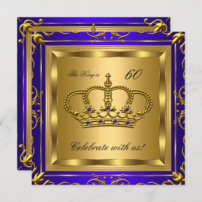 Invitation Fête d'anniversaire King ou Queen Royal Blue Gold  (Devant / Derrière)