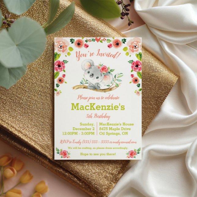 Invitation Fête d'anniversaire Koala et Florale (Créateur téléchargé)