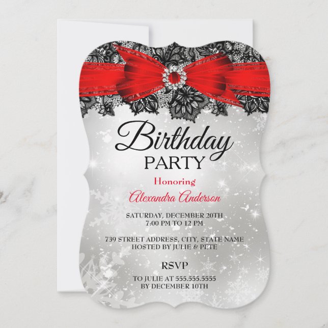 Invitation Fête d'anniversaire Lace Bow Silver Red (Devant)
