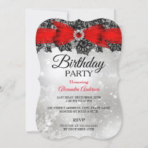 Invitation Fête d'anniversaire Lace Bow Silver Red