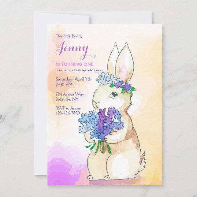 Invitation Fête d'anniversaire Lapin avec bouquet de fleurs (Devant)