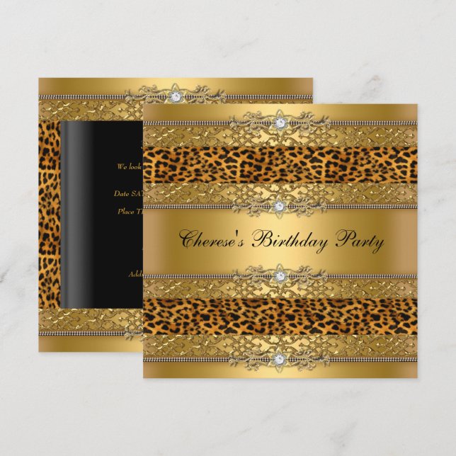 Invitation Fête d'anniversaire Léopard Doré Diamant (Devant / Derrière)