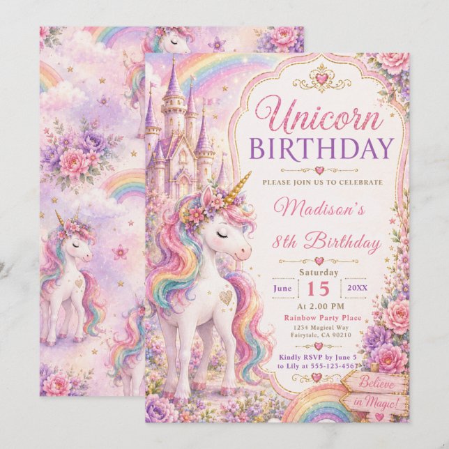 Invitation Fête d'anniversaire Licorne (Devant / Derrière)