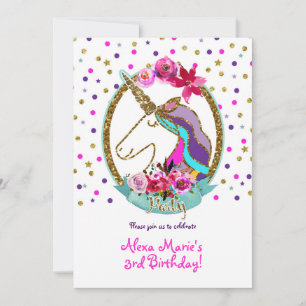 Invitation Fête d'anniversaire licorne à pois pailletés or