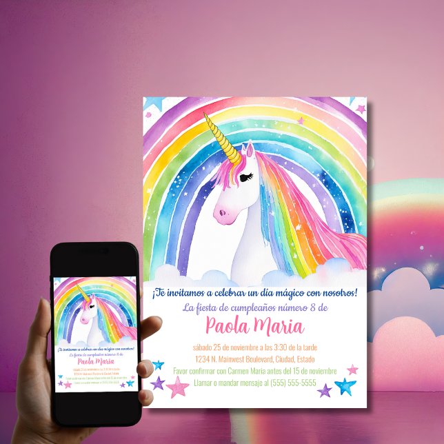 Invitation Fête d'anniversaire licorne arc-en-ciel espagnole  (Créateur téléchargé)