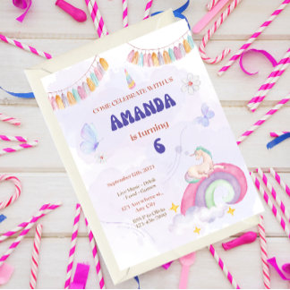 Invitation Fête d'anniversaire Licorne, Arc-en-ciel et Nuages