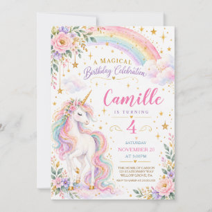 Invitation Fête d'anniversaire licorne arc-en-ciel pastel mag