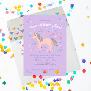 Invitation Fête d'anniversaire licorne arc-en-ciel pastel vio