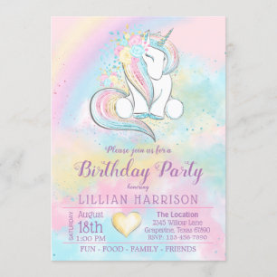 Invitation Fête d'anniversaire Licorne Arc-en-ciel Tout nombr
