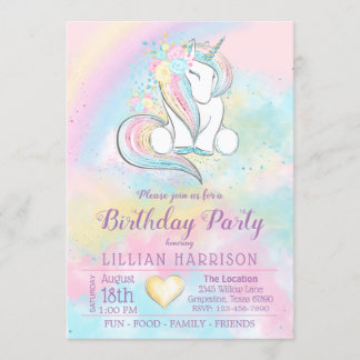 Invitation Fête d'anniversaire Licorne Arc-en-ciel Tout nombr