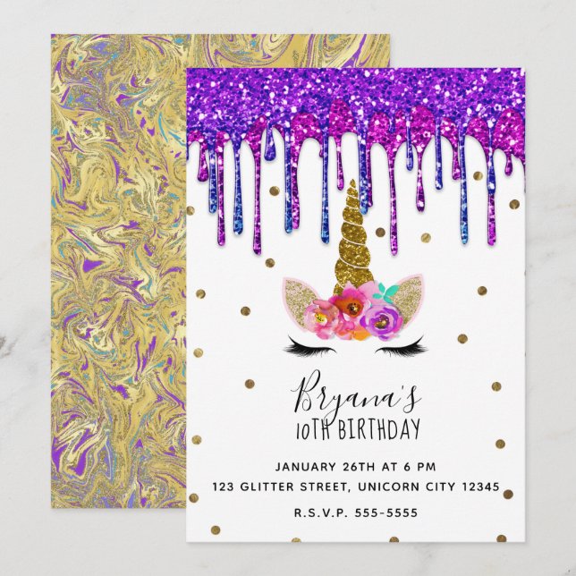 Invitation Fête d'anniversaire licorne avec coulure de paille (Devant / Derrière)