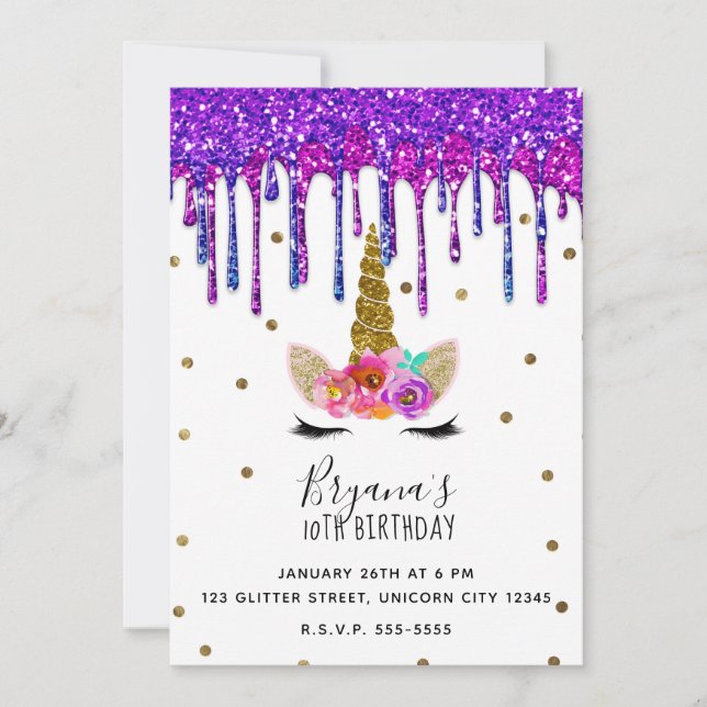 Invitation Fête d'anniversaire licorne avec coulure de paille (Devant)