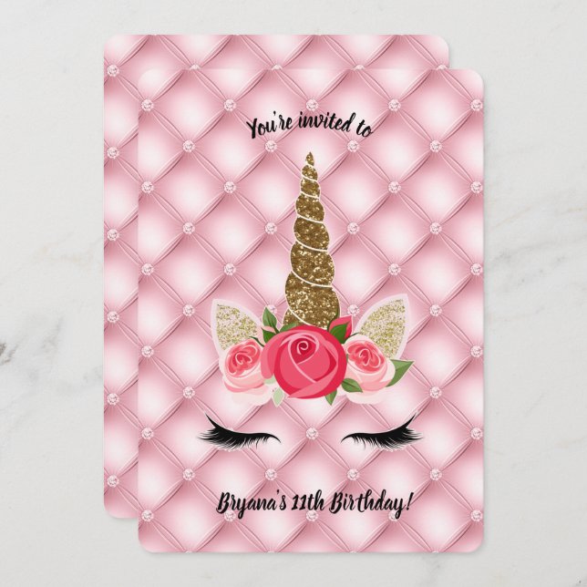 Invitation Fête d'anniversaire licorne avec paillettes dorées (Devant / Derrière)