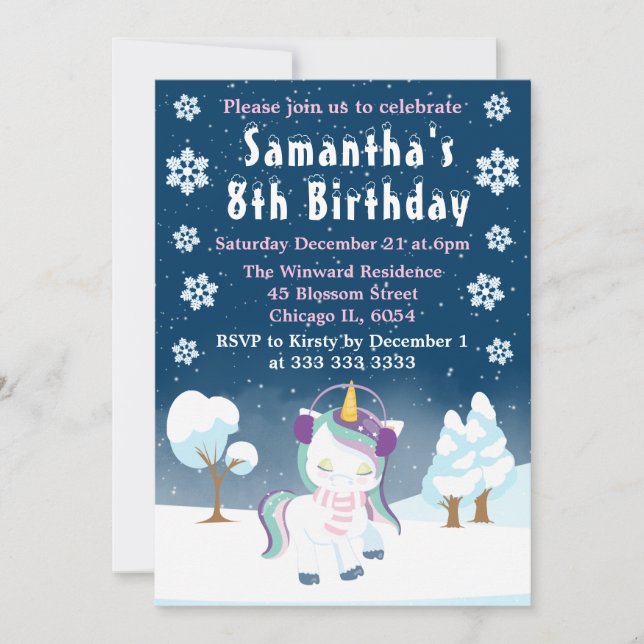 Invitation Fête d'anniversaire licorne d'hiver bleu violet et (Devant)