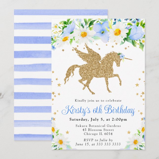 Invitation Fête d'anniversaire licorne dorée fleurs bleues ma (Devant / Derrière)