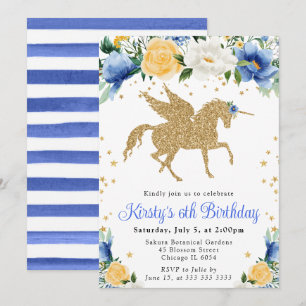 Invitation Fête d'anniversaire licorne dorée fleurs jaune ble