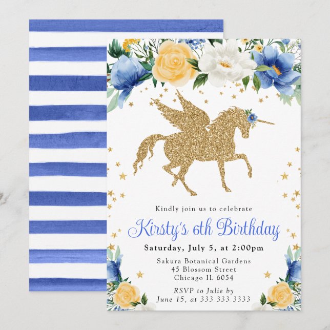 Invitation Fête d'anniversaire licorne dorée fleurs jaune ble (Devant / Derrière)